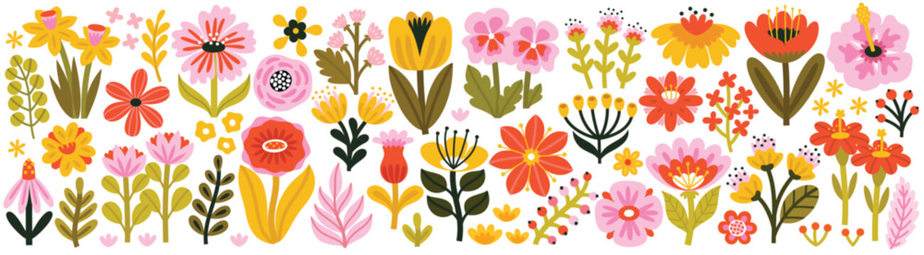 Floral collection with flowers, leaves for your design. Hand drawn set. Vector illustration.