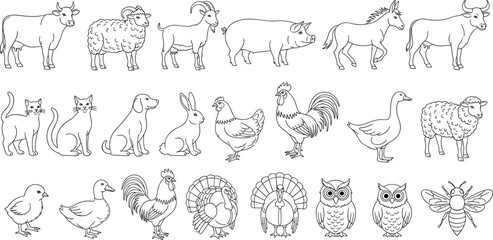 Fototapeta premium Farm animals line icon set. Vector pictograms of cow, bull, sheep, lamb, goat, horse, pig, domestic and livestock thin linear illustration