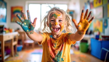 Obraz premium Happy child covered in paint