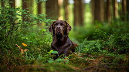 Chocolate labrador retriever in a lush green forest