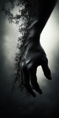 Fototapeta premium Hand reaching towards a dark, mysterious void in an abstract artistic composition