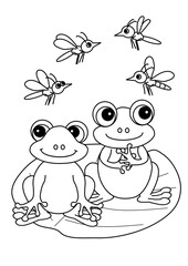 cute cartoon frogs with insects, coloring book for children