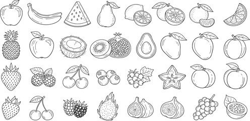  Fruits line icon set. Vector pictograms of banana, orange, strawberry, grapes, pineapple, mango, blueberry, raspberry, lime, kiwi, papaya, pomegranate, coconut, thin linear illustration