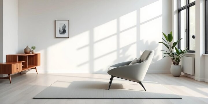 Sleek single chair in minimalist living room, natural light, feng shui elements,  tranquil,  light