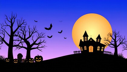 Spooky Halloween Night Scene Haunted House Silhouette under a Full Moon with Jack o' lanterns and Flying Bats