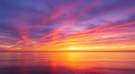 Fototapeta premium Breathtaking sunset over calm ocean waters with vibrant colors and stunning cloud formations