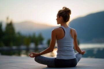 Fototapeta premium Young caucasian female practicing meditation outdoors by scenic lake
