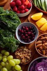 Assorted fresh fruits, nuts, and vegetables on wooden table