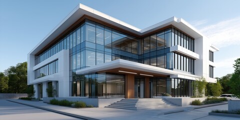 Obraz premium Modern glass office building with geometric design and natural lighting