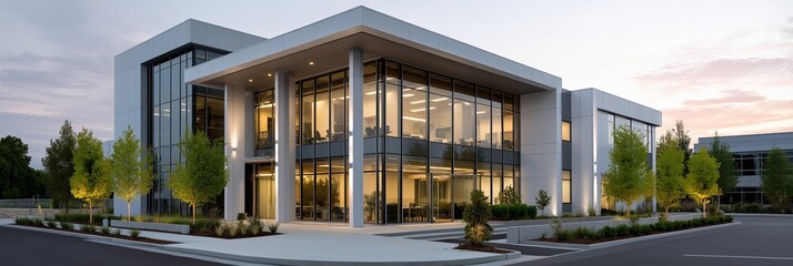 Modern two-story office building with glass facade and landscaped surroundings