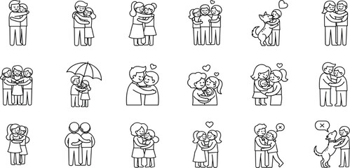 Hugs, line icon set. Vector pictograms of family, couple embraces, pet affection, symbolic support, comforting thin linear illustration