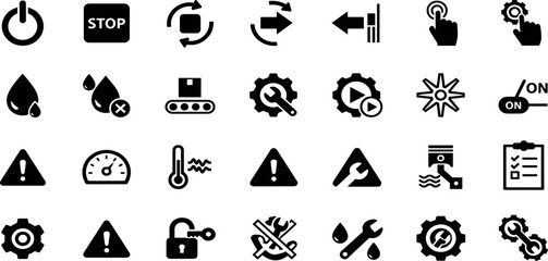 Manufacturing glyph icon set. Vector pictograms of forward, reverse, droplet, fluid, tool, wrench, lubrication, conveyor, hydraulic, pneumatic, black sign silhouette illustration