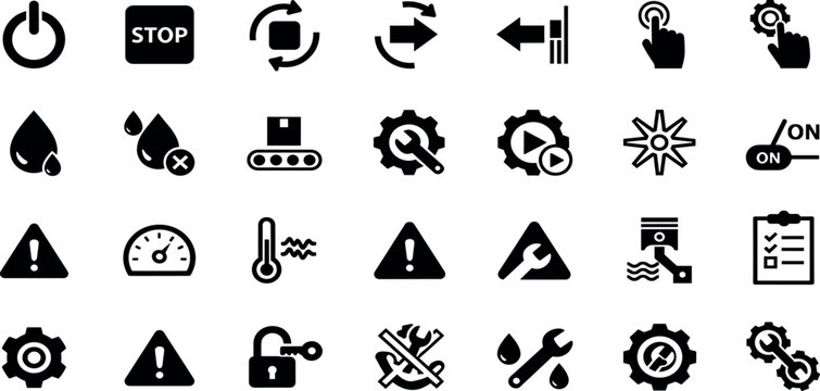 Manufacturing glyph icon set. Vector pictograms of forward, reverse, droplet, fluid, tool, wrench, lubrication, conveyor, hydraulic, pneumatic, black sign silhouette illustration