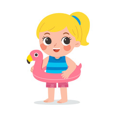 Smiling little girl holding pink flamingo swim ring, ready for fun beach day in summer.