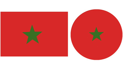 Morocco flag, Morocco National flag has a red field with a green pentagram, five-pointed linear star in the center. Flag isolated on white background. Circular and Rectangular shape Morocco flag.