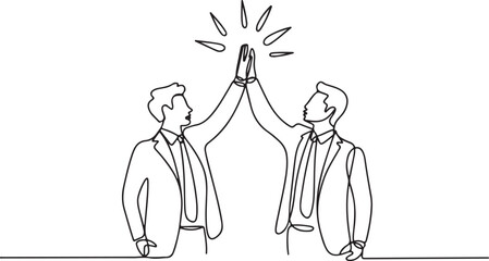 Continuous single line simple line art of business people high-fiving to celebrate teamwork and success in office setting

