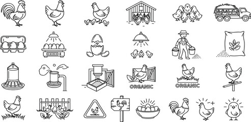 Poultry Farming line icon set. Vector pictograms of chicken, eggs incubator, henhouse, feeding equipment, free-range, rooster, agriculture, organic farm thin linear illustration