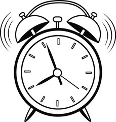 Alarm clock silhouette, ringing clock icon, vintage timepiece vector, black wakeup symbol, simple time graphic