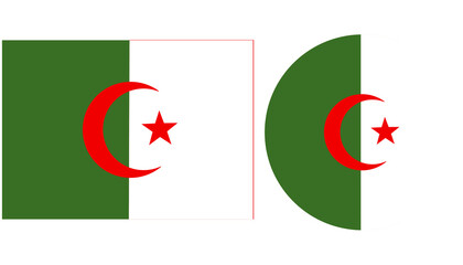 Algeria Flag, Algeria National flag consists 02 equal vertical bands of green and white. A red 05 pointed star within a red crescent is centered over 02 color boundary. Rounded and Rectangular flag.