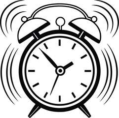 Alarm clock silhouette, ringing clock icon, vintage timepiece vector, black wakeup symbol, simple time graphic