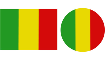 Mali flag, Mali National flag is tricolor with 03 equal vertical stripes the colors are green, gold, and red. Flag isolated on white background. Circular and Rectangular shape Mali flag.