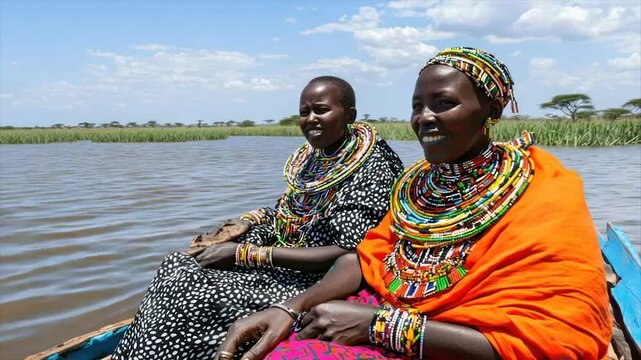 Two women in traditional dress, seated in a boat on a tranquil waterway