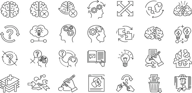 Unlearning, Relearning line icon set. Vector pictograms of knowledge adaptation, brainstorming, creative problem-solving, thinking process, learning thin linear illustration.