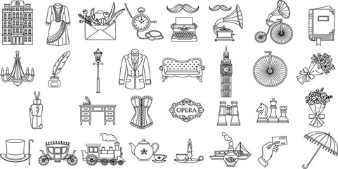 Victorian Era line icon set. Vector pictograms of 19th-century, antique, dress, corset, typewriter, gramophone, pocket watch, tailcoat, letter with dry flowers, visit card thin linear illustration