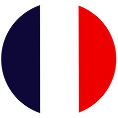 France Circular flag, flag of France is a tricolor featuring 3 vertical bands color blue, white, and red. Flag isolated on white background. Circular shape France flag.