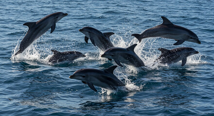 Naklejka premium A pod of dolphins jumping out of the water with splashes in the ocean on a sunny day in the wild nature