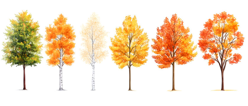 Collection of Seasonal Tree Progression Watercolor Illustration of Autumnal Foliage Changes