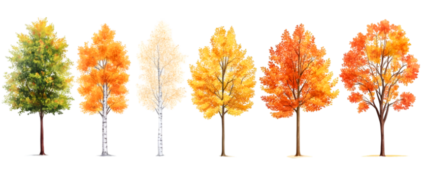 Collection of Seasonal Tree Progression Watercolor Illustration of Autumnal Foliage Changes