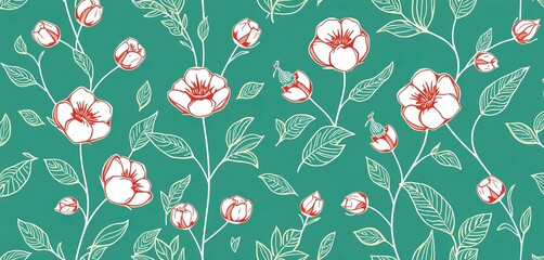 Abstract line art floral pattern featuring cotton blossoms and leaves, seamless repeat for textile/wallpaper,   retro,  pattern
