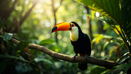 Obraz premium Colorful tropical toucan with yellow bill perched on a tree branch in the wild rainforest