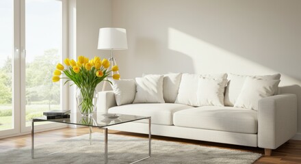Bright modern living room white sofa glass table with tulips light rug by window lamp