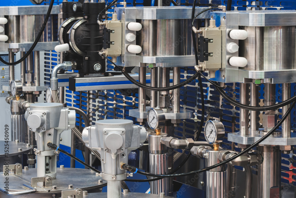 Poster machine with many parts and a lot of gauges. The gauges are all different sizes and are all connected to the machine