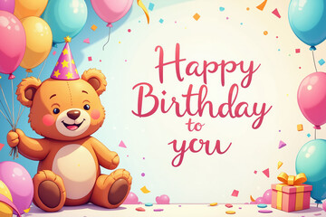 Fototapeta premium A cheerful cartoon teddy bear wearing a party hat, surrounded by colorful balloons and confetti, with a gift box nearby, celebrating a birthday with a Happy Birthday to you message.