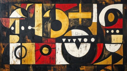 Abstract Geometric Composition in Gold, Red, and Black