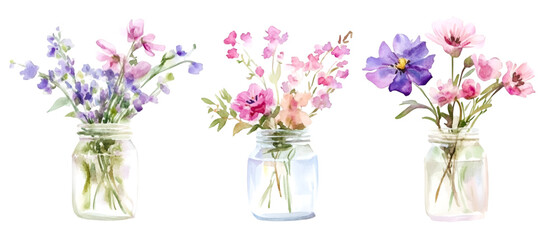 Obraz premium Collection of Watercolor Floral Arrangements in Mason Jars Springtime Bouquet Collection