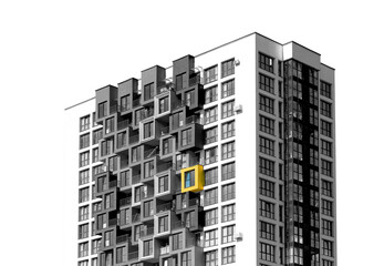Apartment building in monochrome with one yellow window highlighted. Concept of individuality,