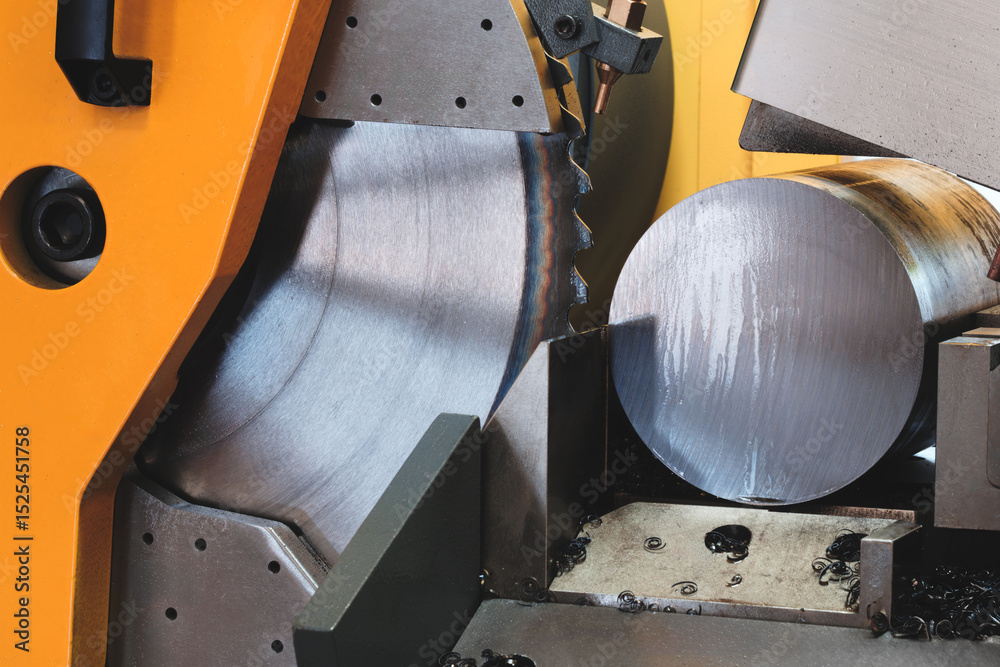 Poster modern automatic circular saw cutting large metal part with round cross-section, industrial concept 