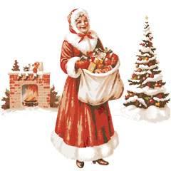 Vintage Mrs Claus with a Sack of Gifts by a Christmas Tree