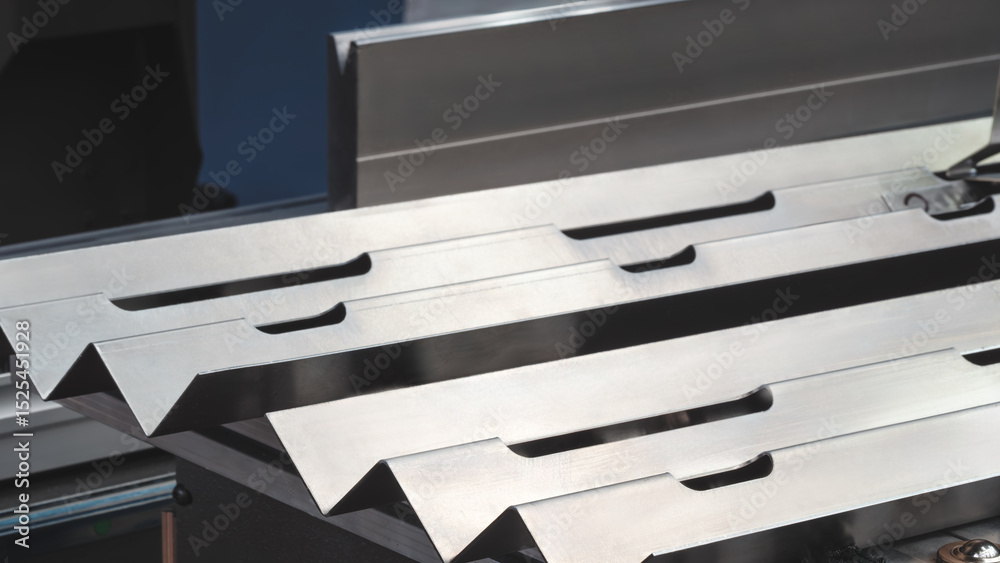 Poster series of metal pieces are being cut by a machine. pieces are all same size and shape, and they are 