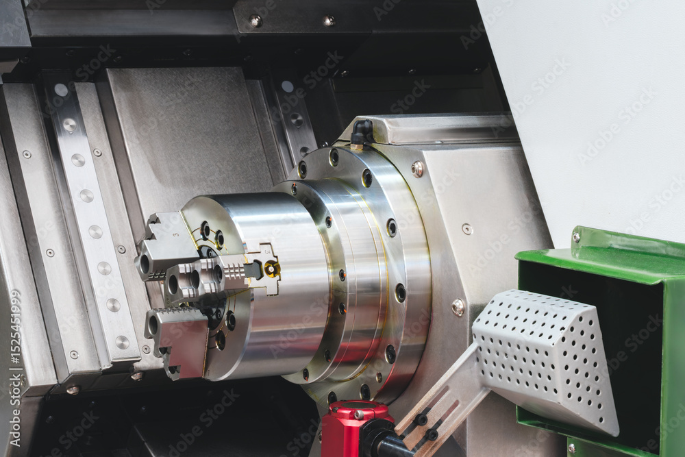 Poster machine with a large, shiny, silver part. The machine is in a workshop. The machine is used for cutting and shaping metal