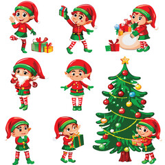 Collection of Christmas Elves with Gifts and Christmas Tree Cartoon Illustration