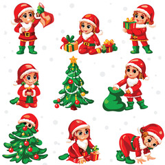 Fototapeta premium Cute Christmas Elf Girls with Gifts and Decorated Trees Cartoon Illustration