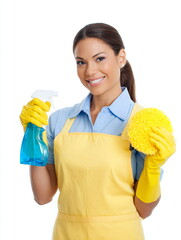 woman holding cleaning spray and sponge, housekeeping outfit, white background