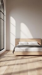 Minimalist Bedroom Interior Design with Large Window and Natural Light, Serene and Peaceful Ambiance.