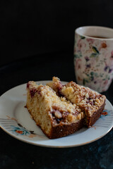 cake, food, dessert, sweet, pie, plate, coffee, baked, homemade, breakfast, pastry, snack, bread, delicious, chocolate, slice, piece, cup, gourmet, white, tasty, fork, cream, fruit, bakery