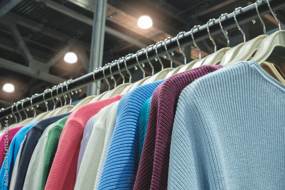 Poster a rack of clothes with a variety of colors and styles. the clothes are hanging on hangers and are ne
